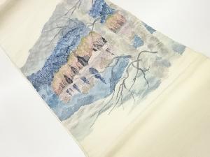 手織り紬山に湖模様織出し洒落袋帯